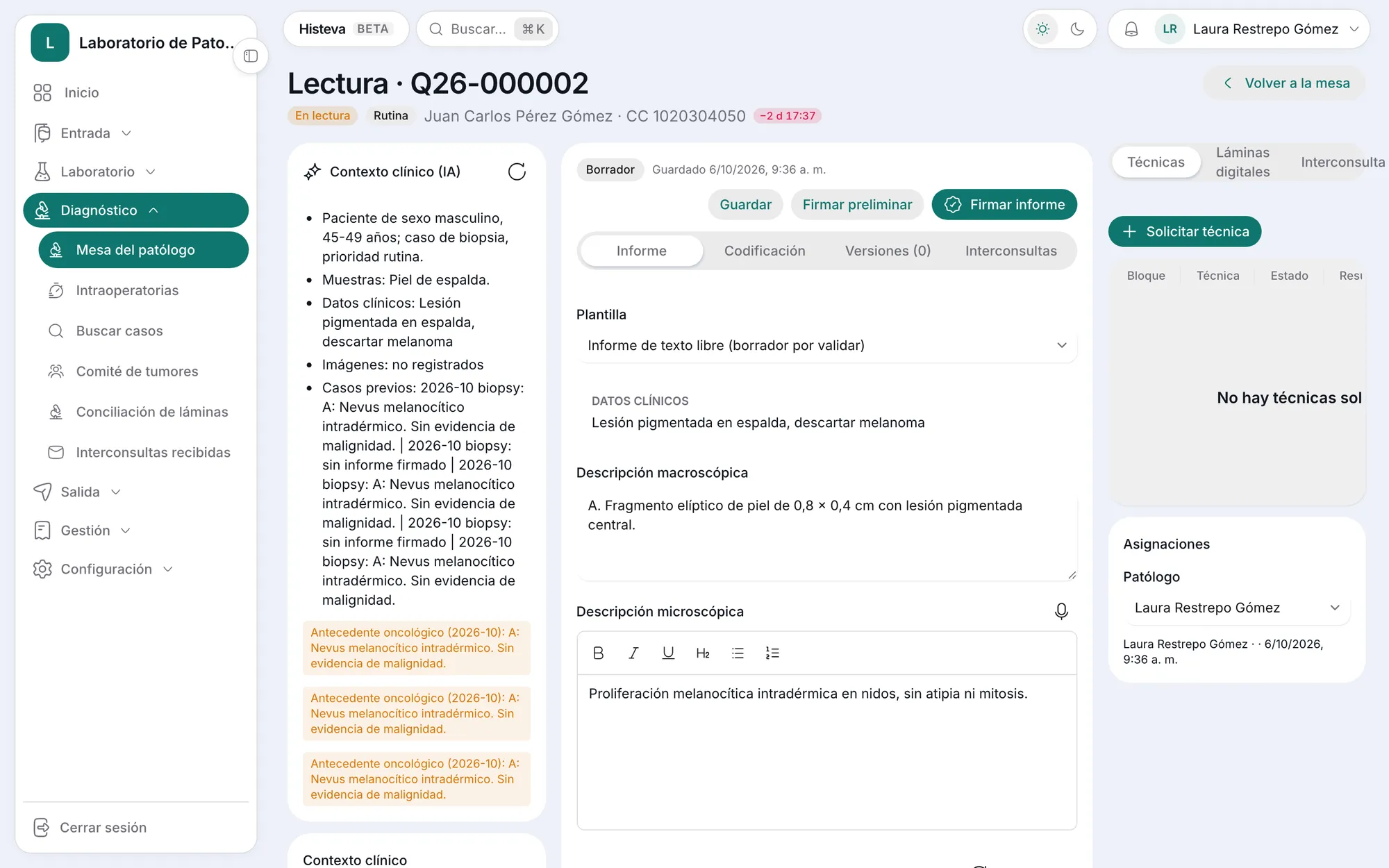 Espacio de informe de Histeva con contexto clínico