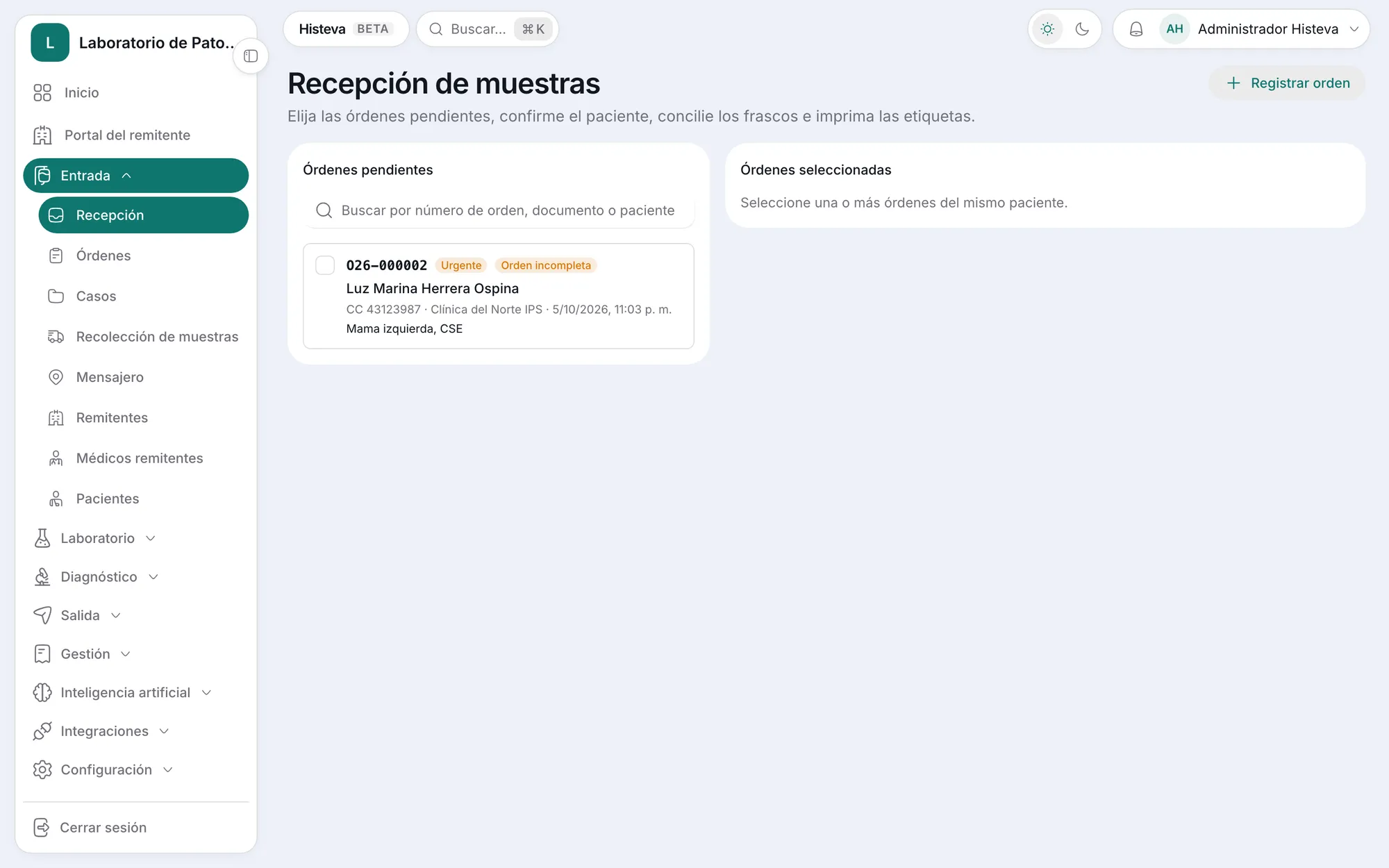 Recepción de muestras en Histeva
